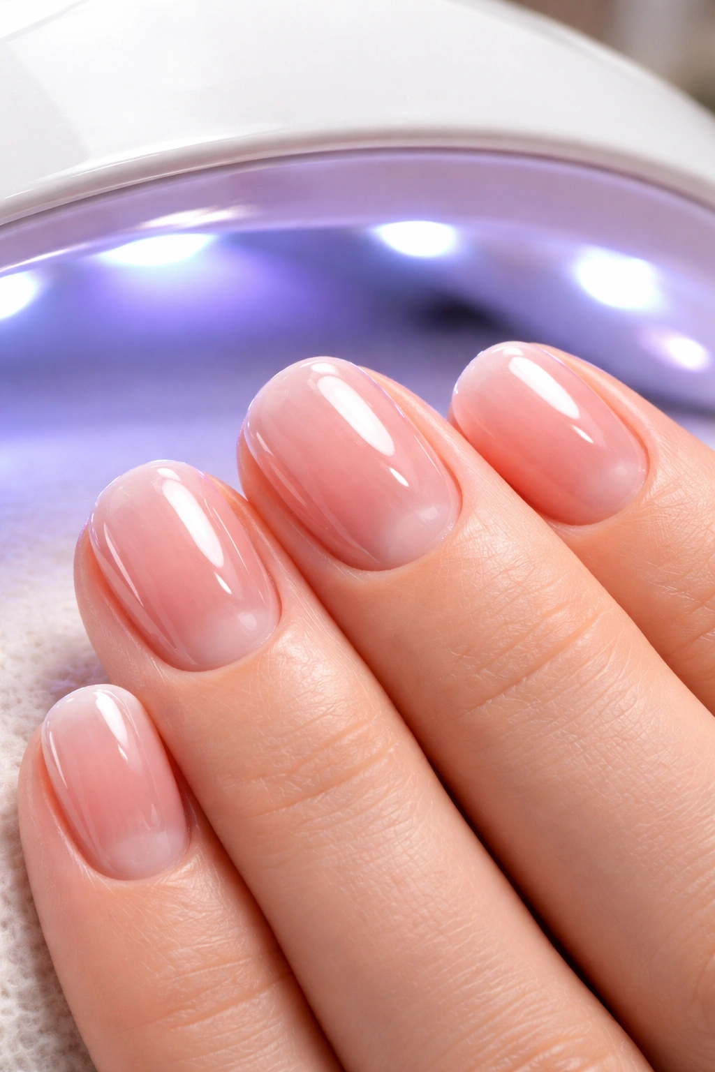 Close-up of a hand with gel-polished short nails showing glossy, multi-layered finish