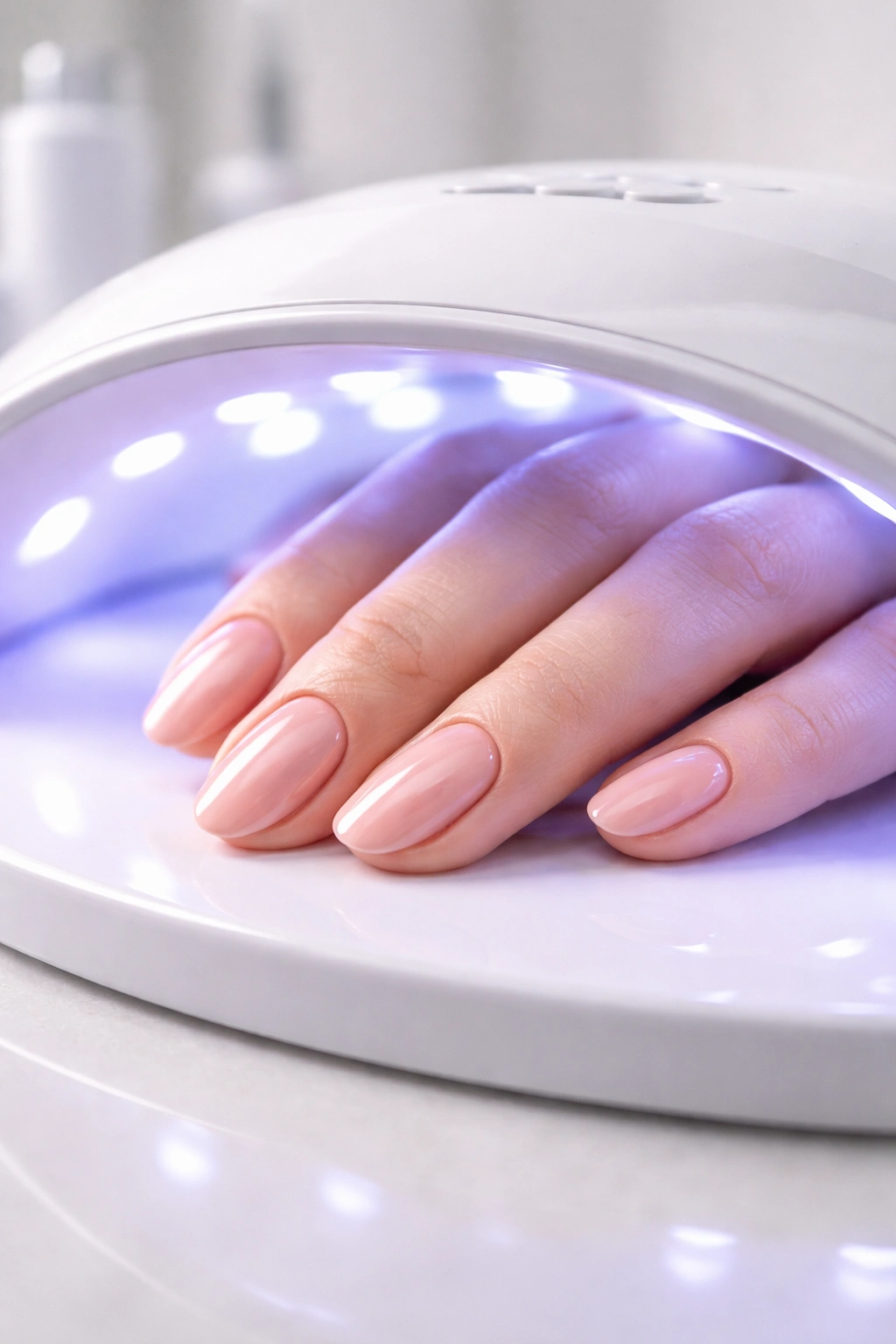 Close-up of a hand with glossy gel polish under a UV lamp.