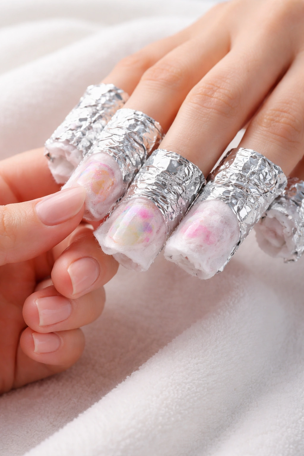 Fingers with acetone-soaked cotton pads removing blooming gel manicure