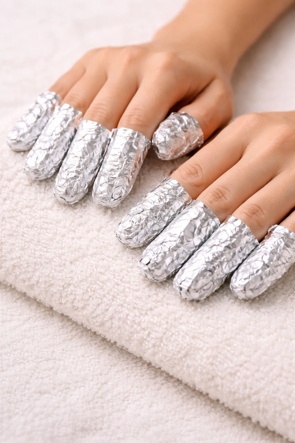 Nails wrapped in foil with cotton for gel removal