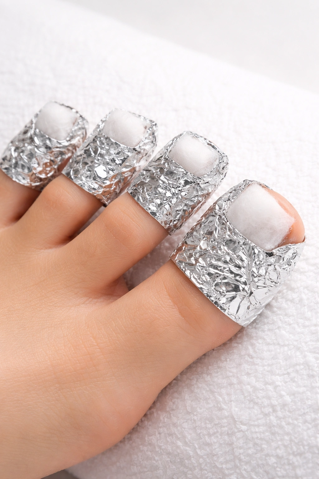 Toes wrapped in foil and cotton pads prepared for gel polish removal