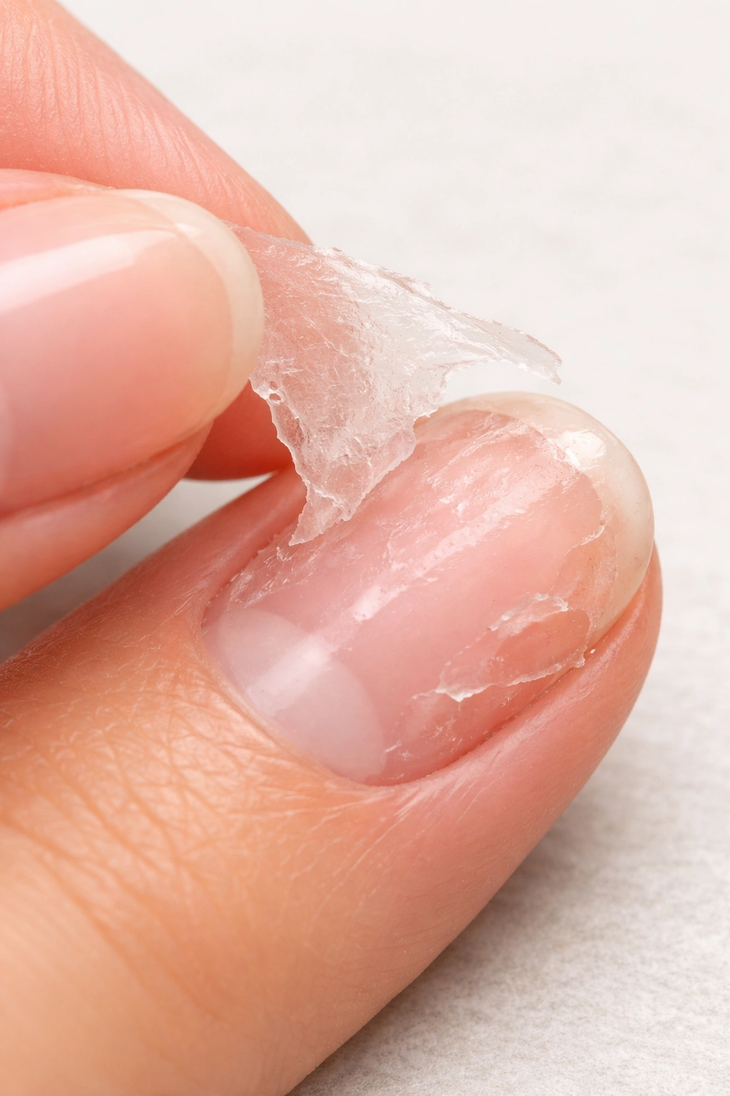 Close-up of gel peeling on a nail illustrating a common removal mistake