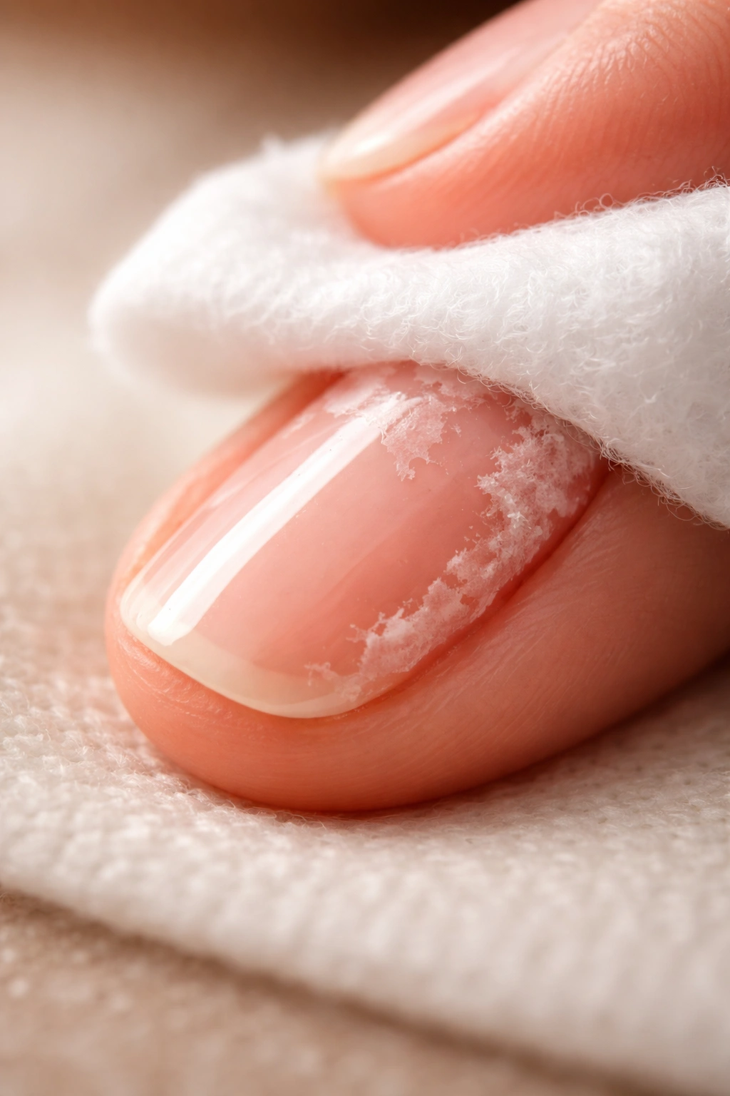 Close-up of a fingernail during gentle gel removal with a cotton pad