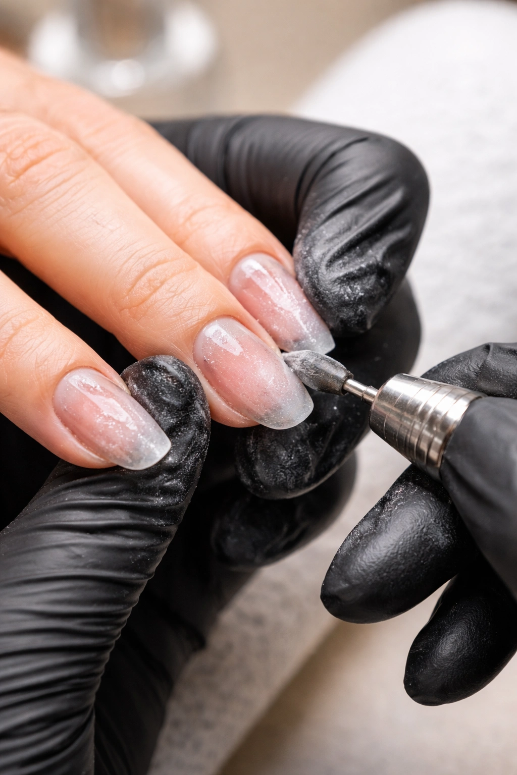 Close-up of professional gel-nail removal showing lifting gel and moisture under nails in a salon