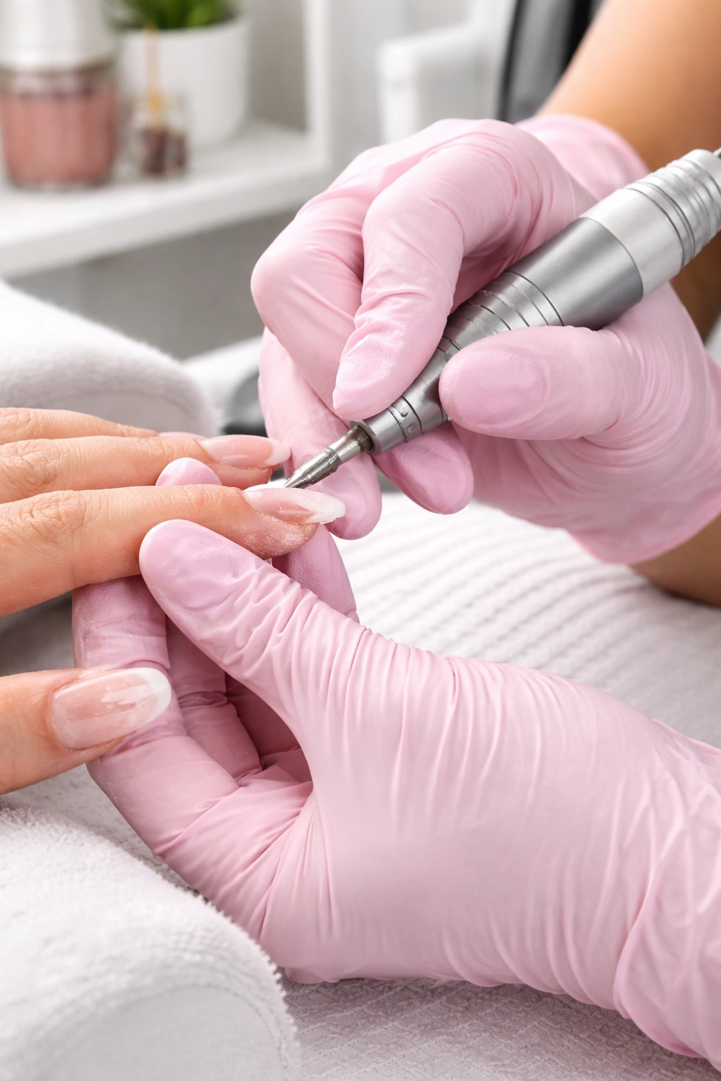 Close-up of a professional nail technician removing thick gel extensions in a salon