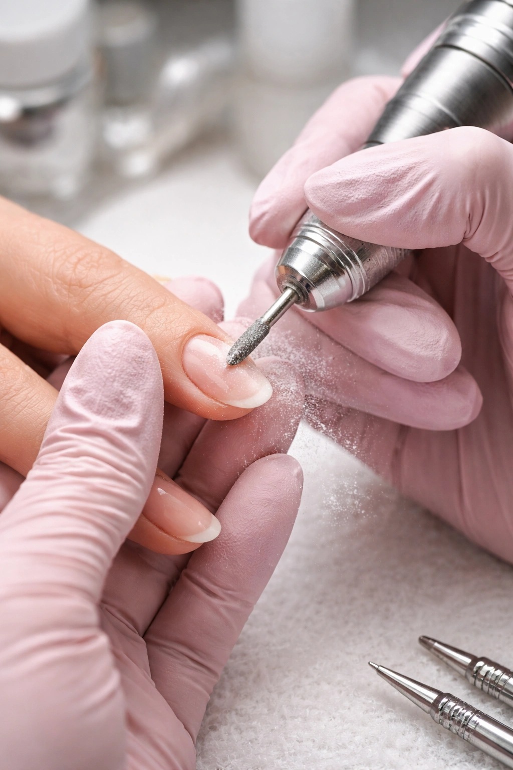 Close-up of a professional performing safe gel removal with careful filing on a natural nail