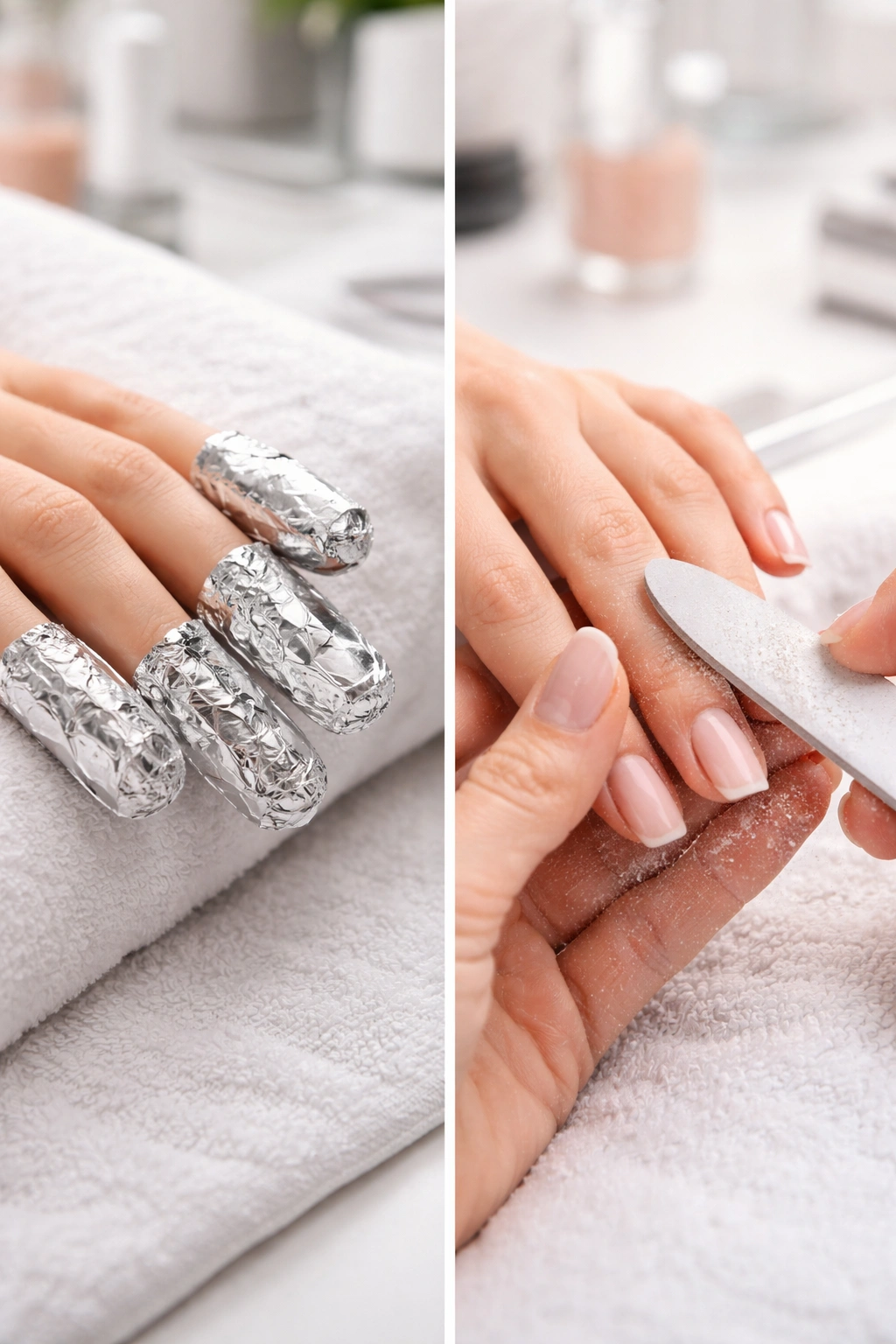 Split-screen close-up showing acetone soak-off on one side and filing on the other for gel removal