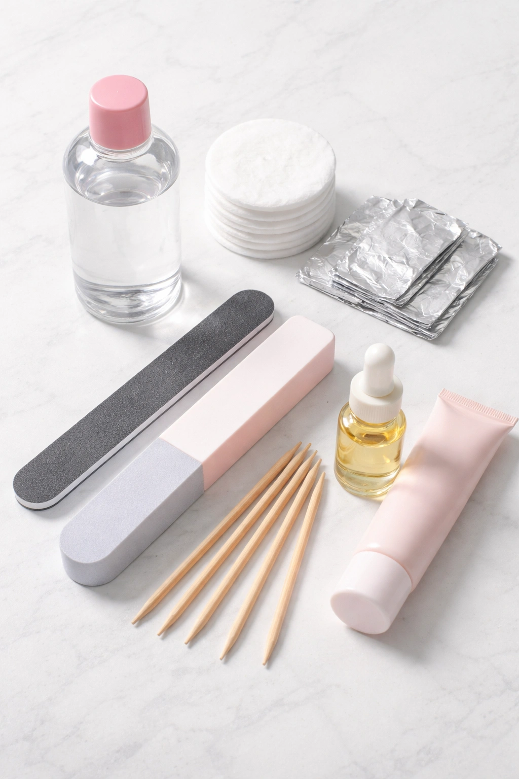 Still-life of gel removal tools and supplies arranged on a clean surface