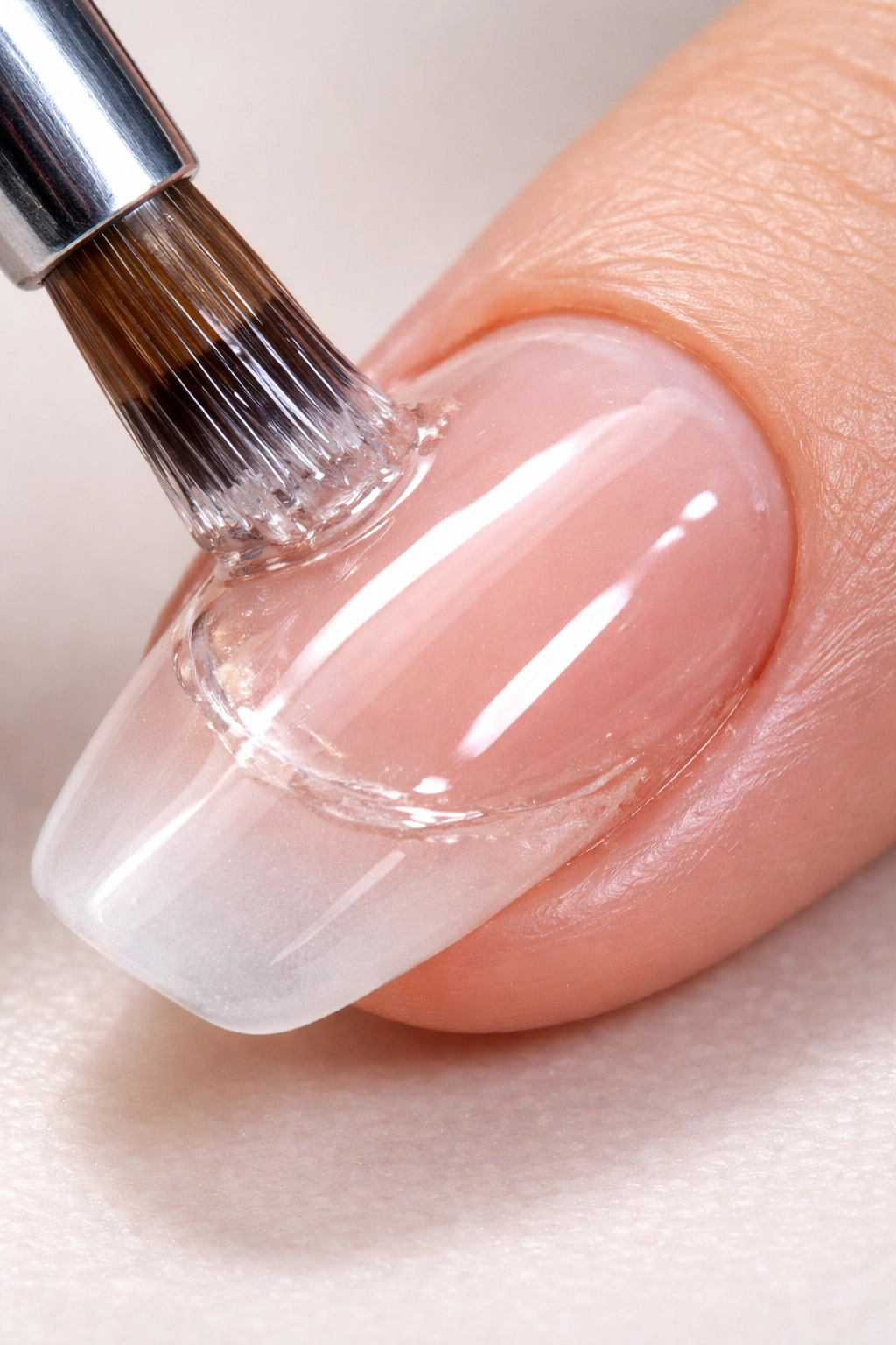 Close-up of repaired nail sealed with gel over the patch