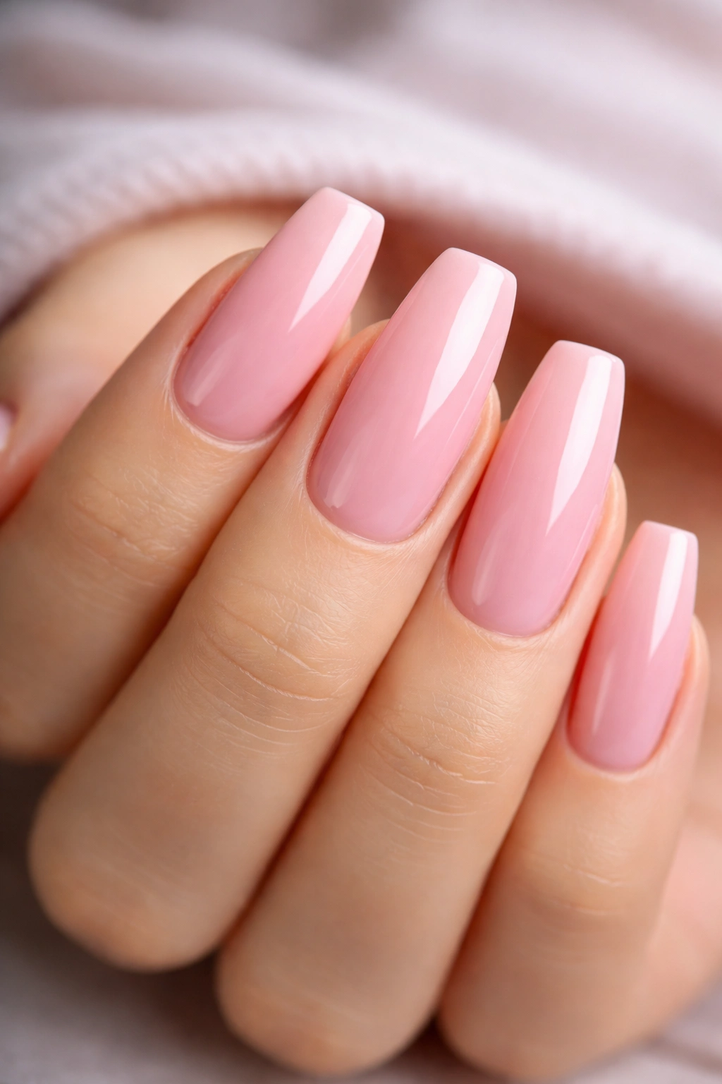 Gel shine light pink coffin nails close-up