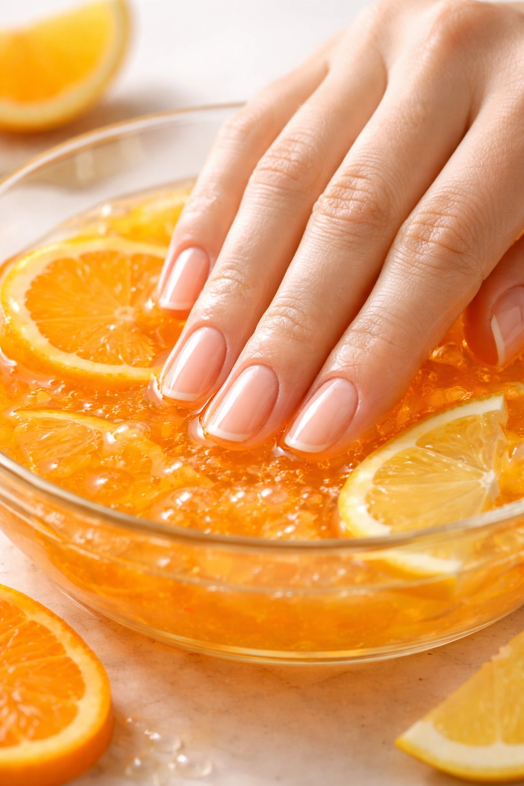 Nails in gelatin and citrus juice soak for deep repair