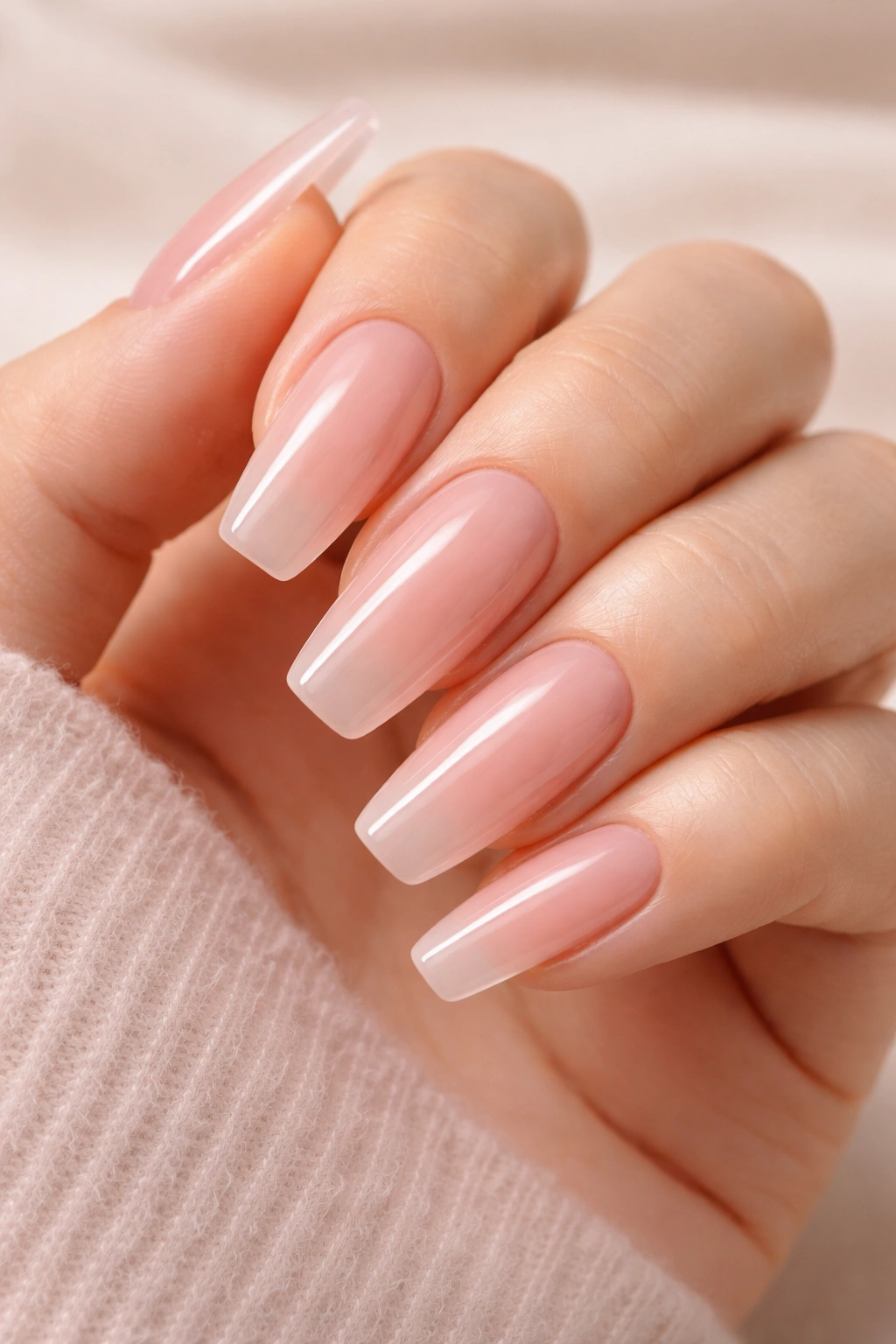 Close-up of Gel X nails with thin glossy extensions on natural nails