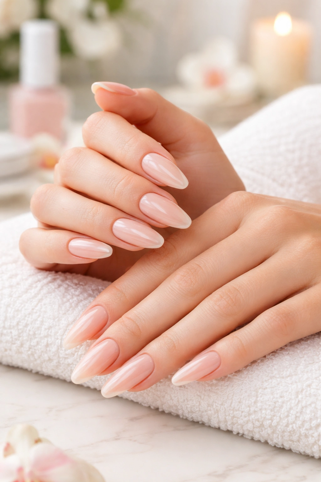 Close-up of natural-looking long Gel X nails with glossy finish
