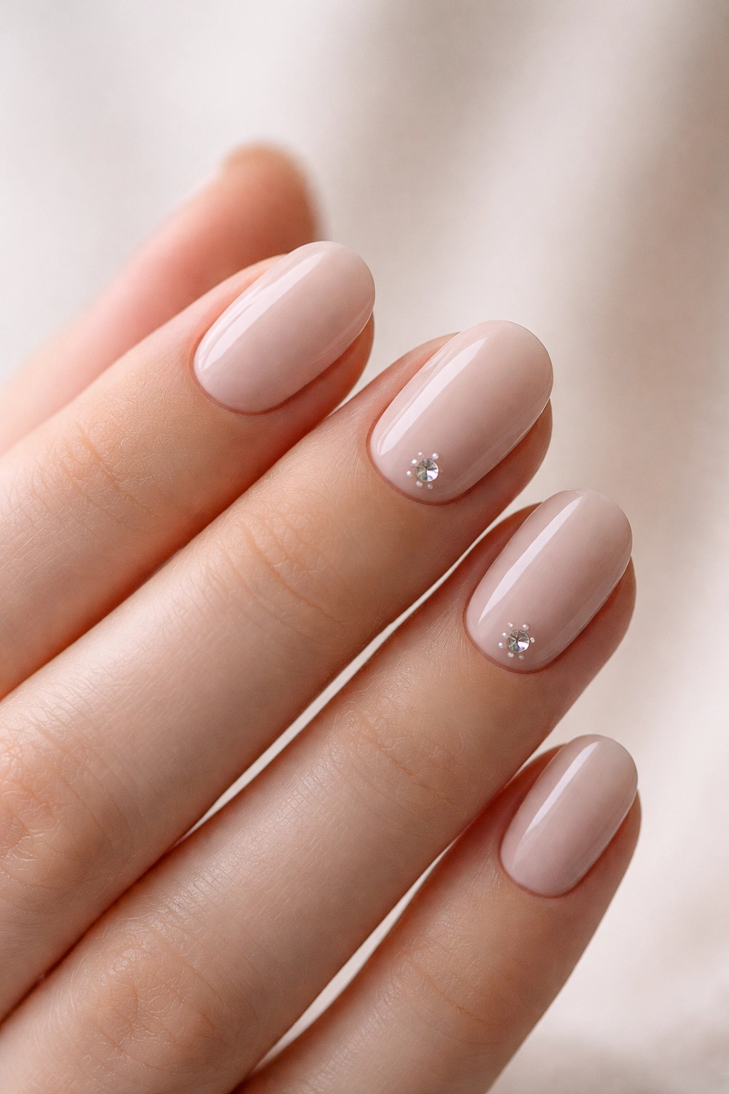 Close-up of short oval nails with tiny gem accents on one or two nails