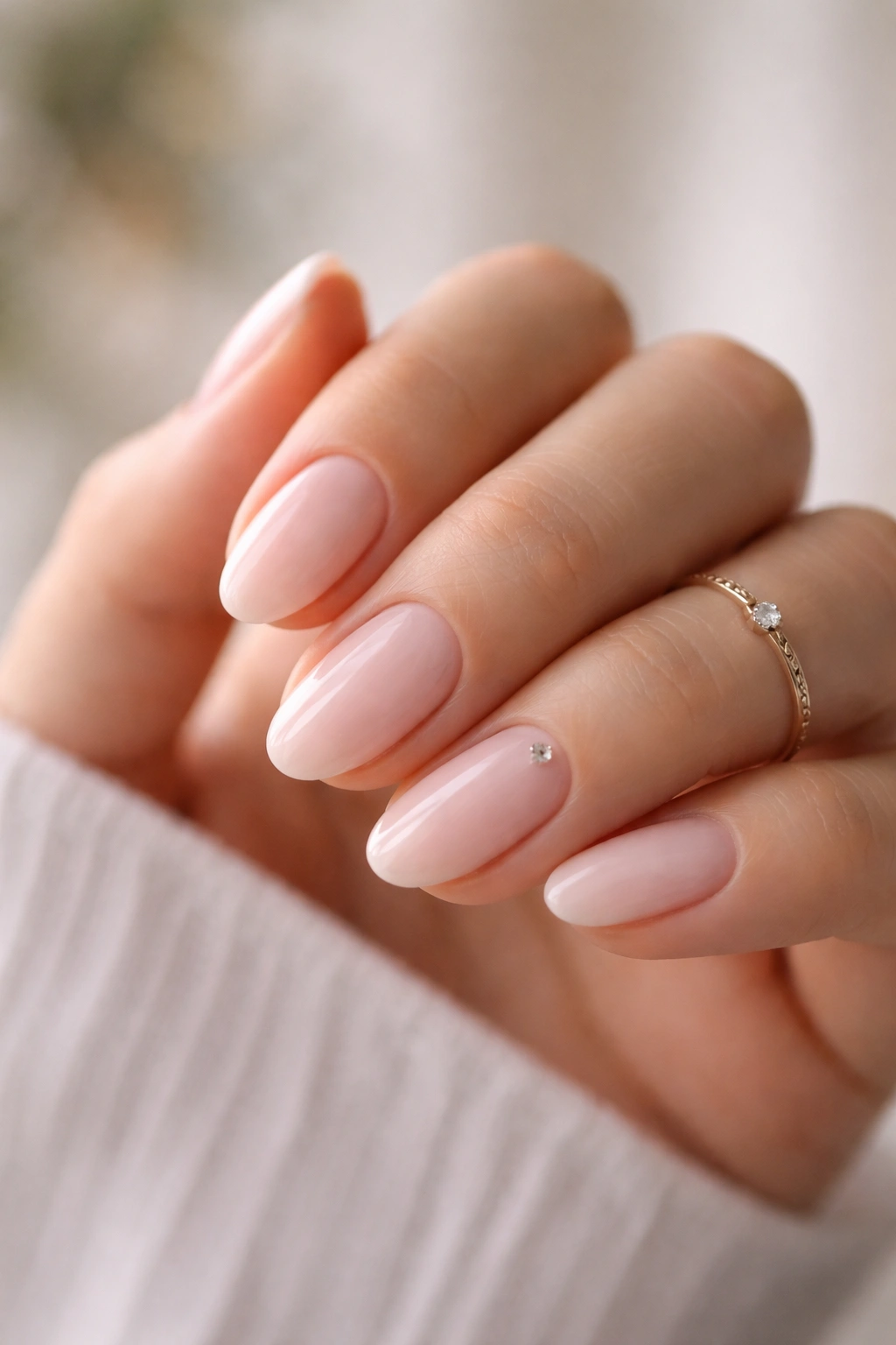 Close-up of short almond nails with a milky pink base and a tiny crystal near the cuticle on the ring finger