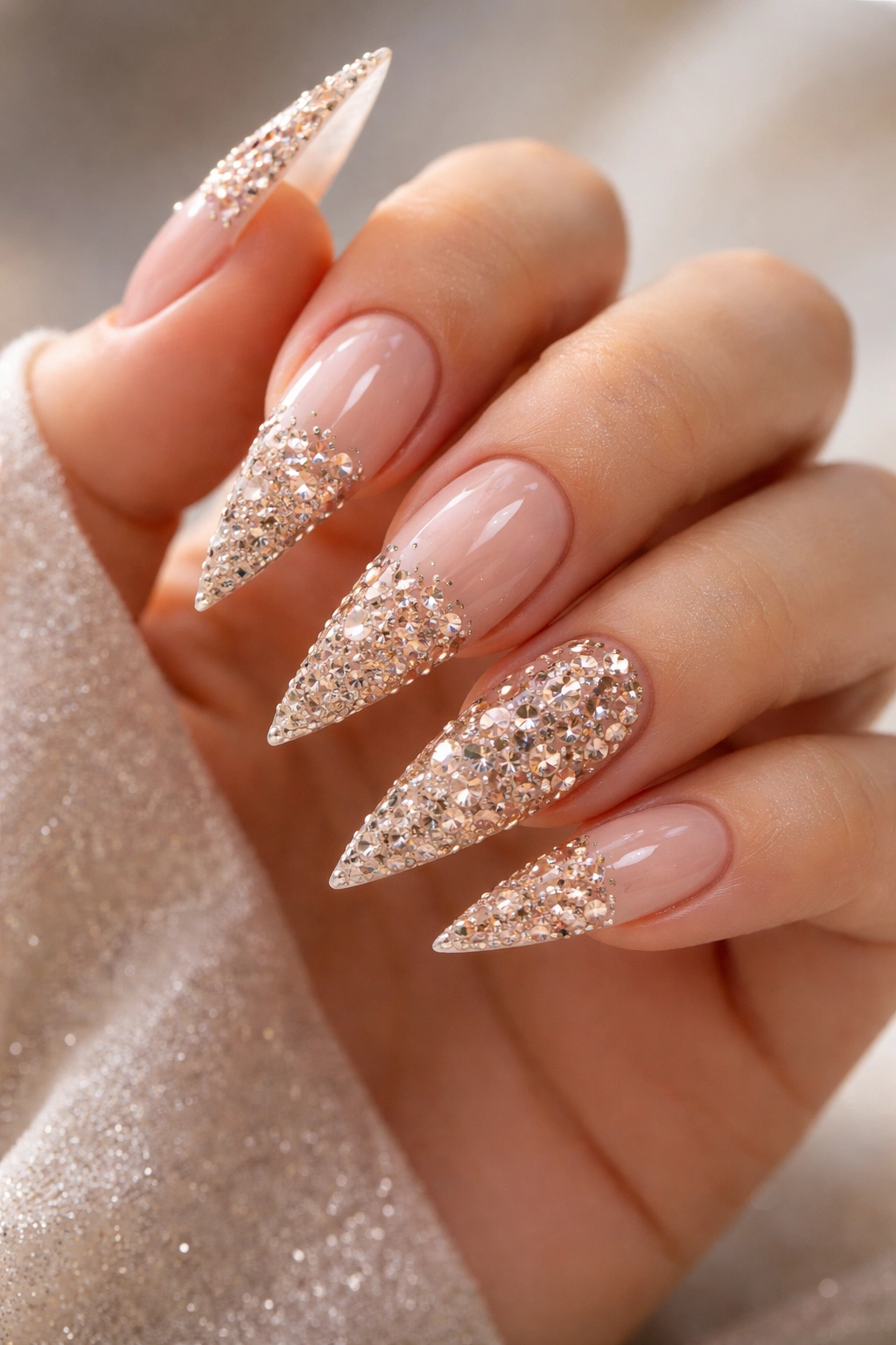 Stiletto nails with jeweled gradient from base to tip.