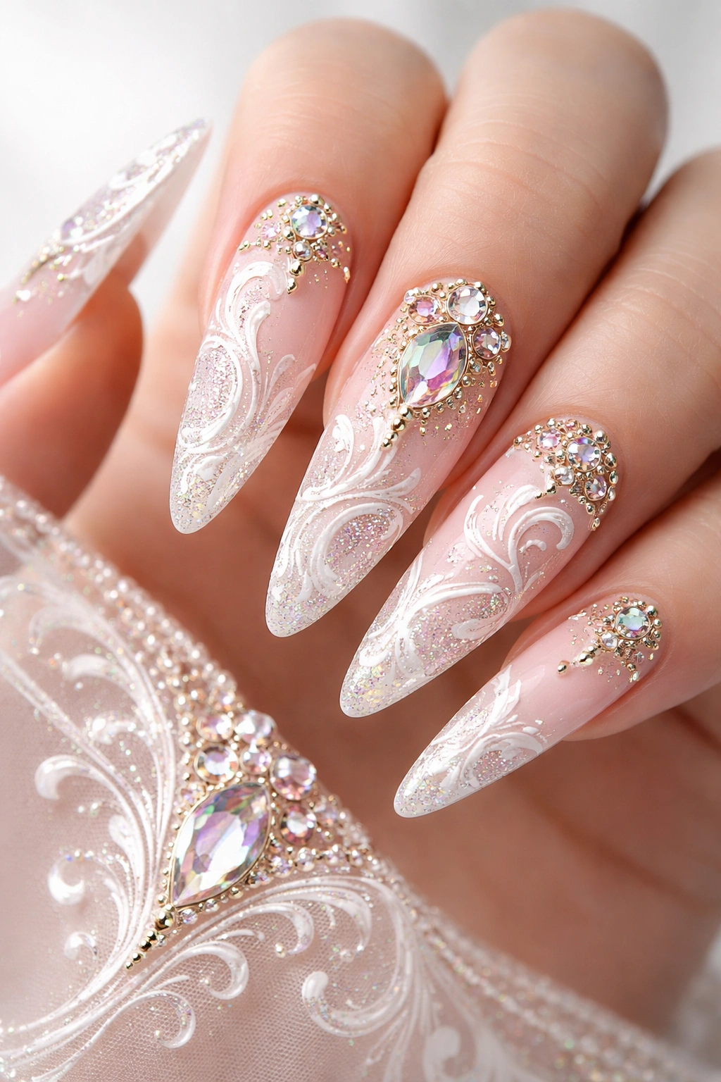 Close-up of nails showing intricate painting and strategically placed gems