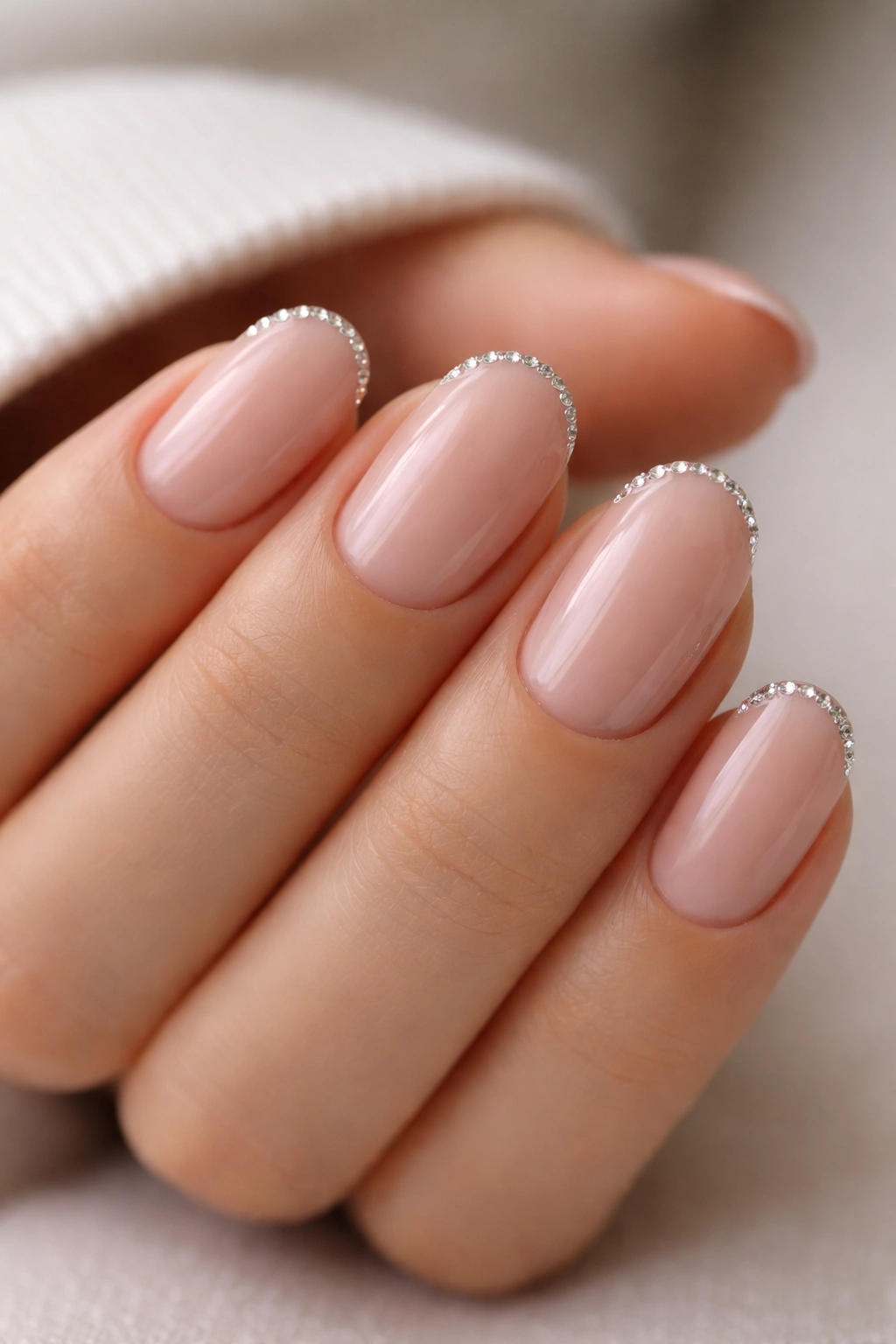 Short oval nails with a delicate crystal tip along the edge