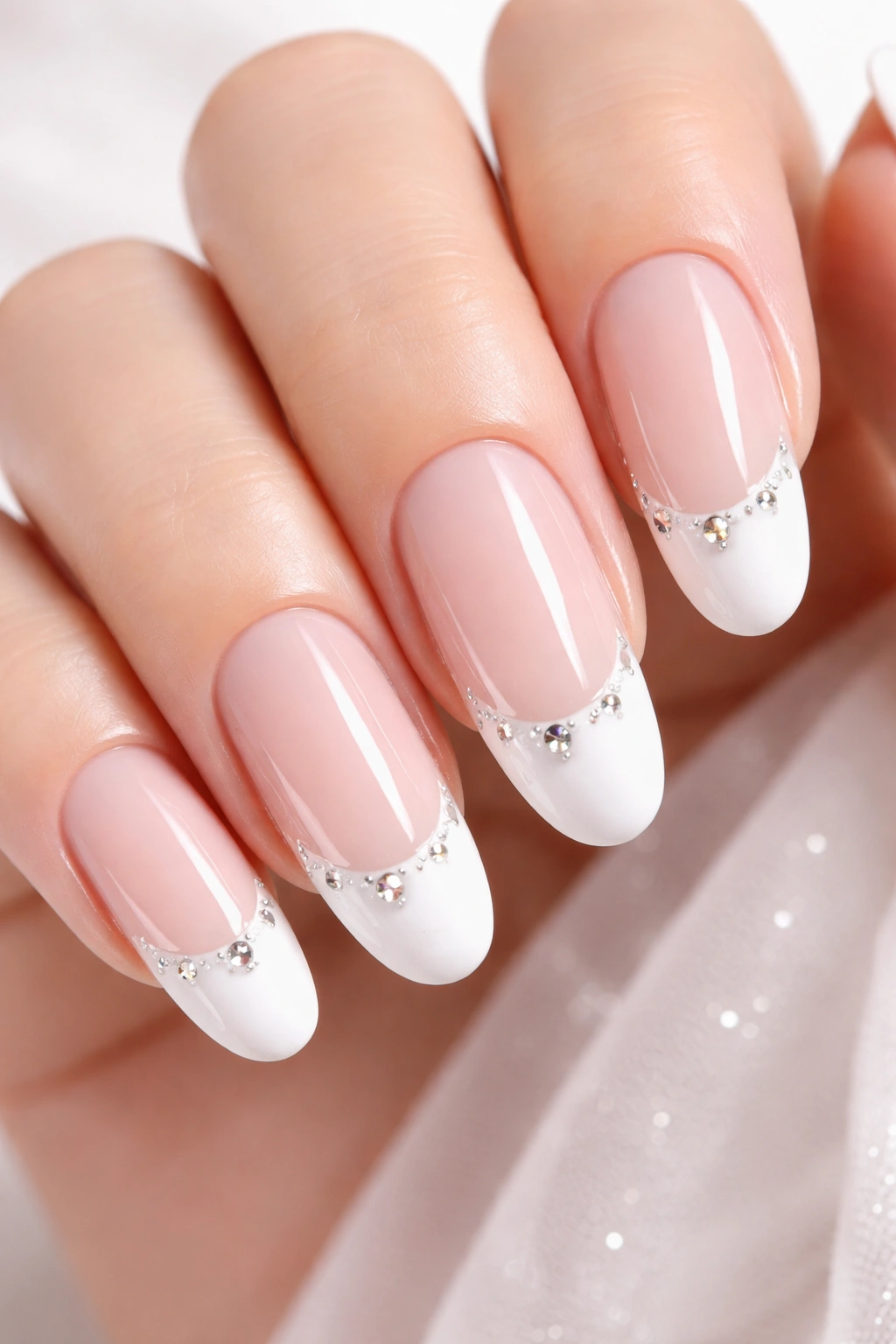 Nails with gemstone-studded white tips on long round nails