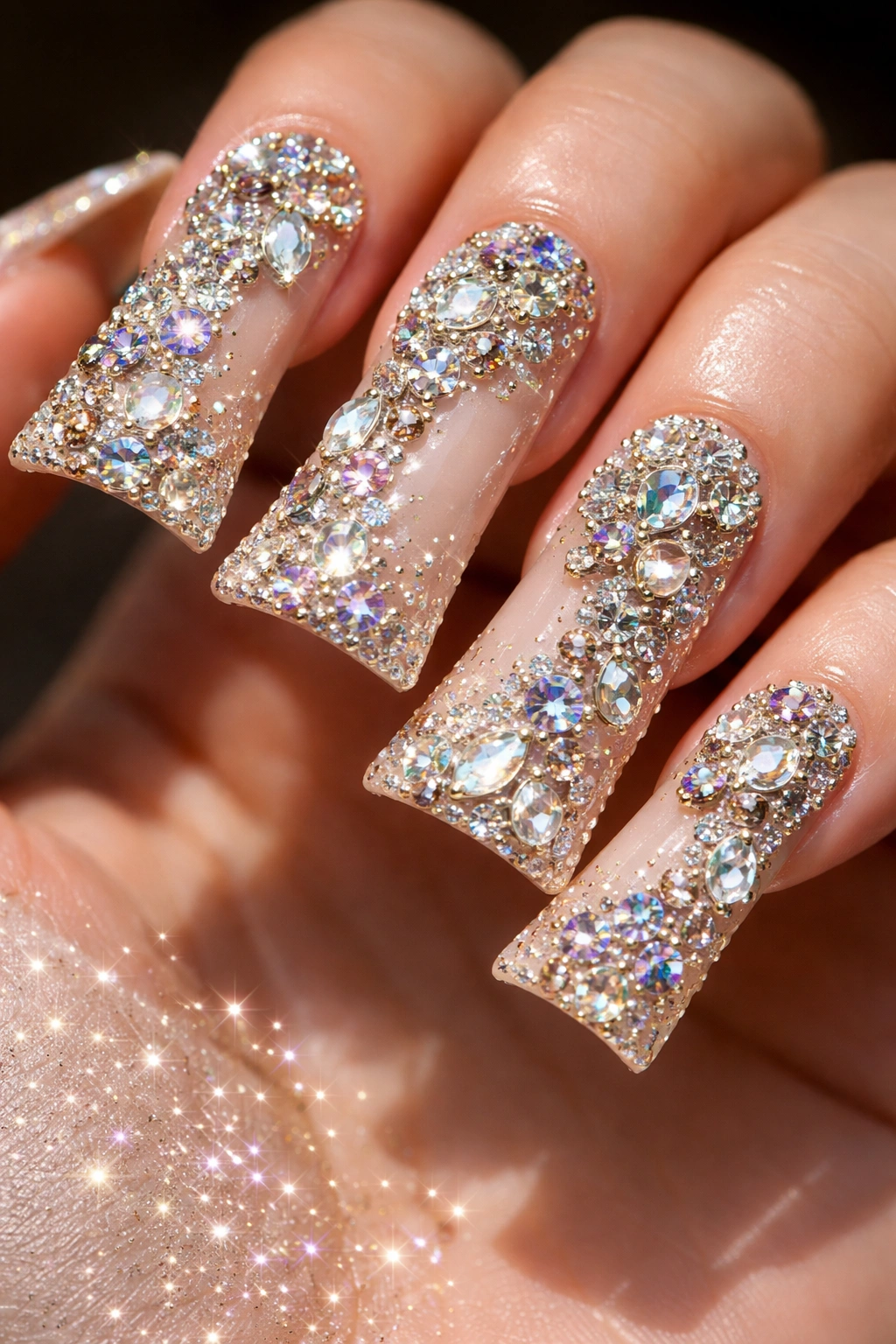 Nails with cascading gemstones on a neutral base