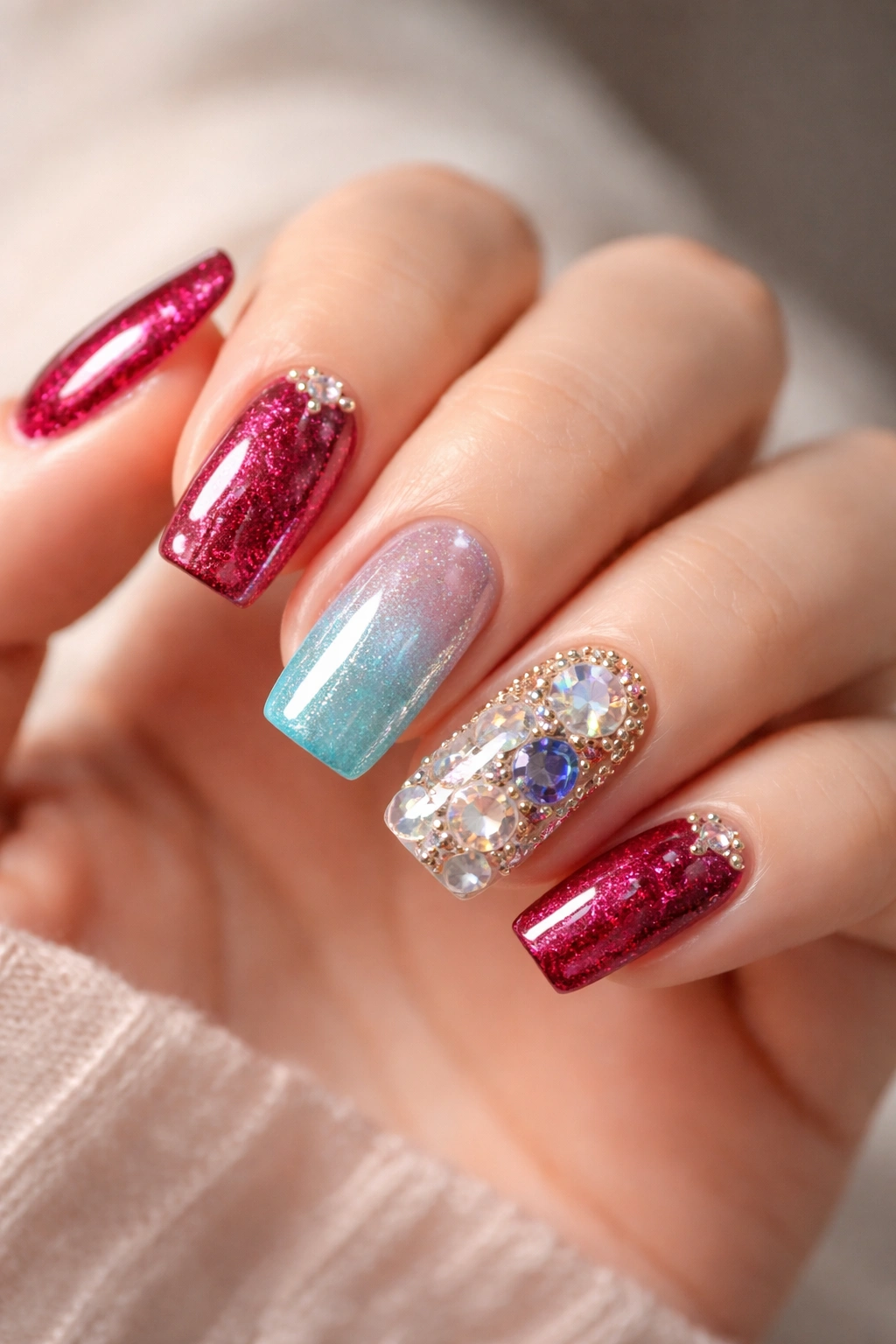 Close-up of soft square gemstone nails with ruby red and aquamarine accents on a neutral background