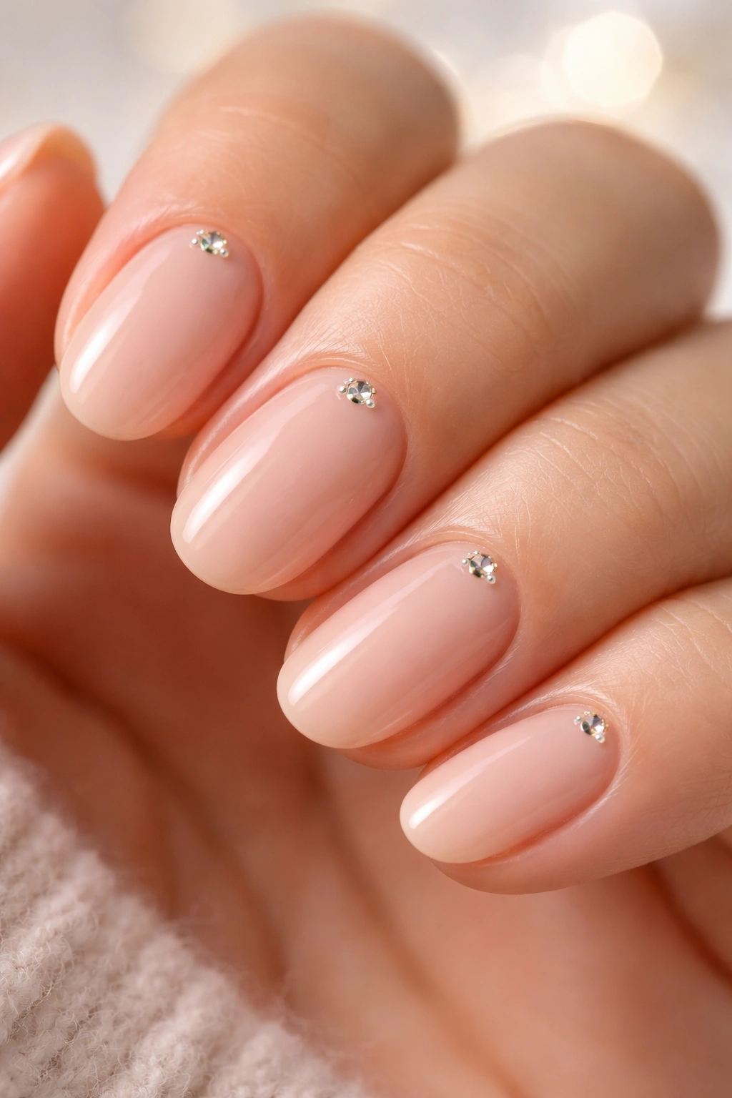 Close-up of short oval nails with tiny gemstone studs on nude base