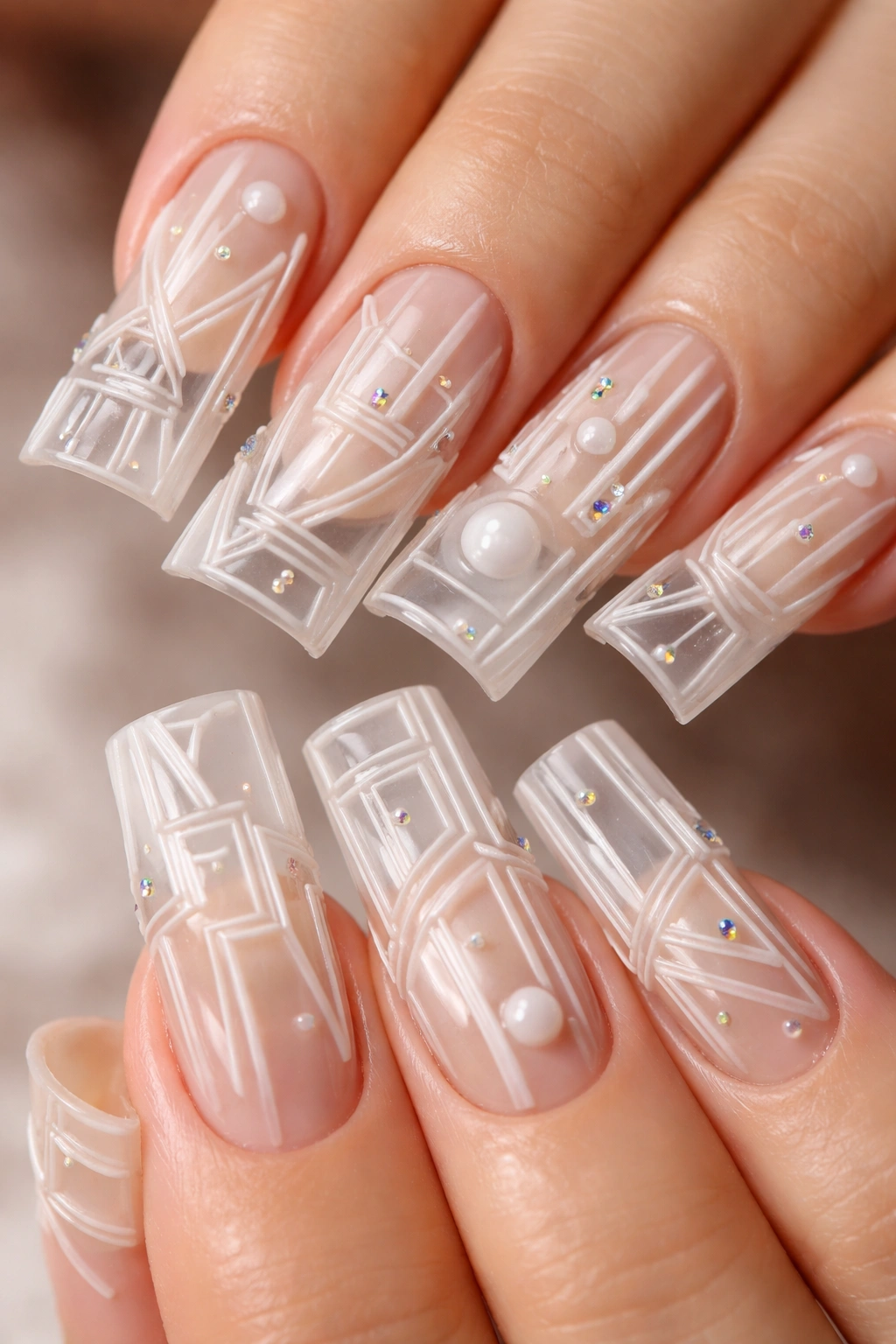 Close-up of geometric 3D lines and shapes on nails with raised edges