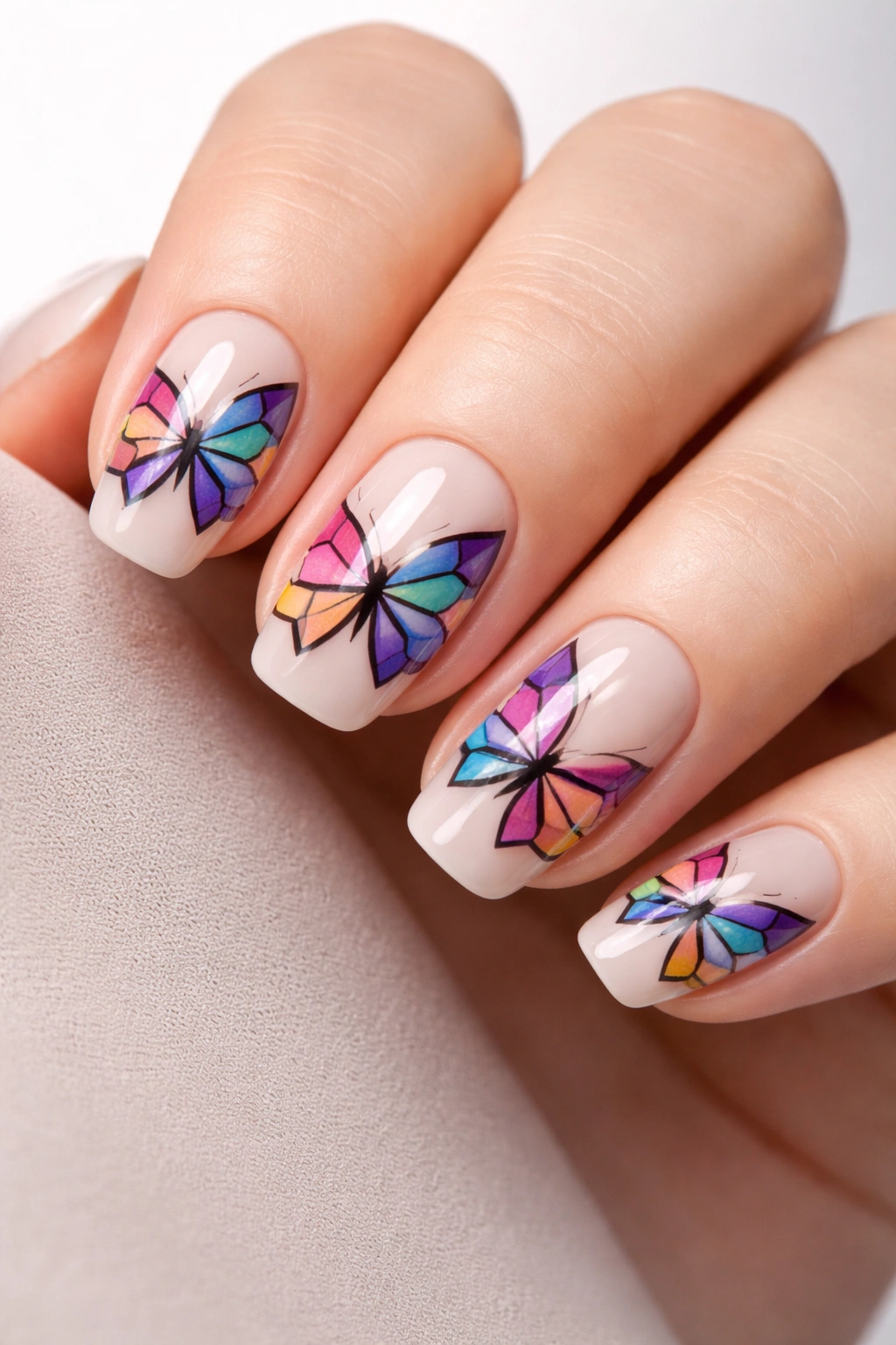 Close-up of geometric butterfly nails with angular color blocks on a manicured hand