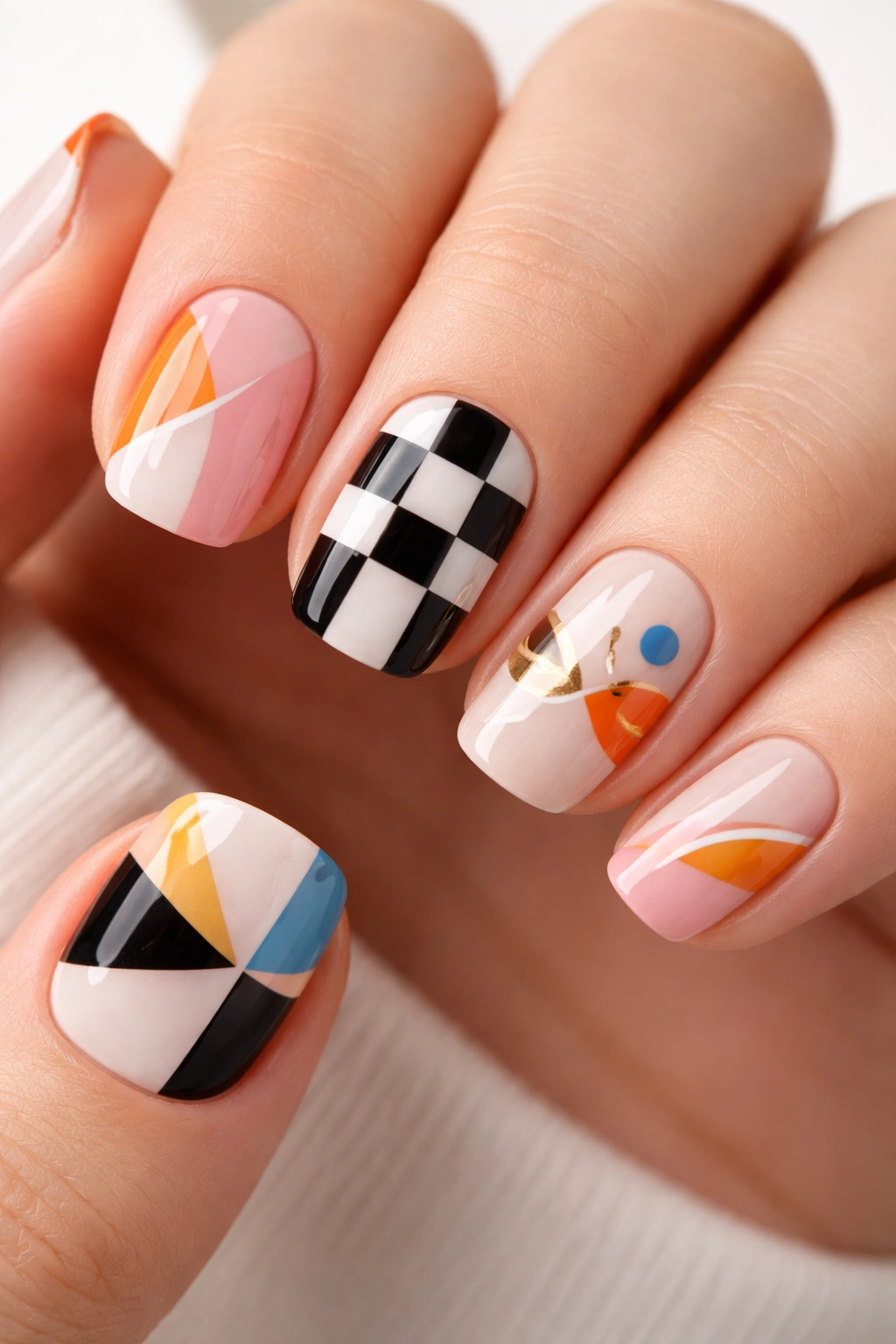 Close-up of short acrylic nails with geometric patterns and abstract designs