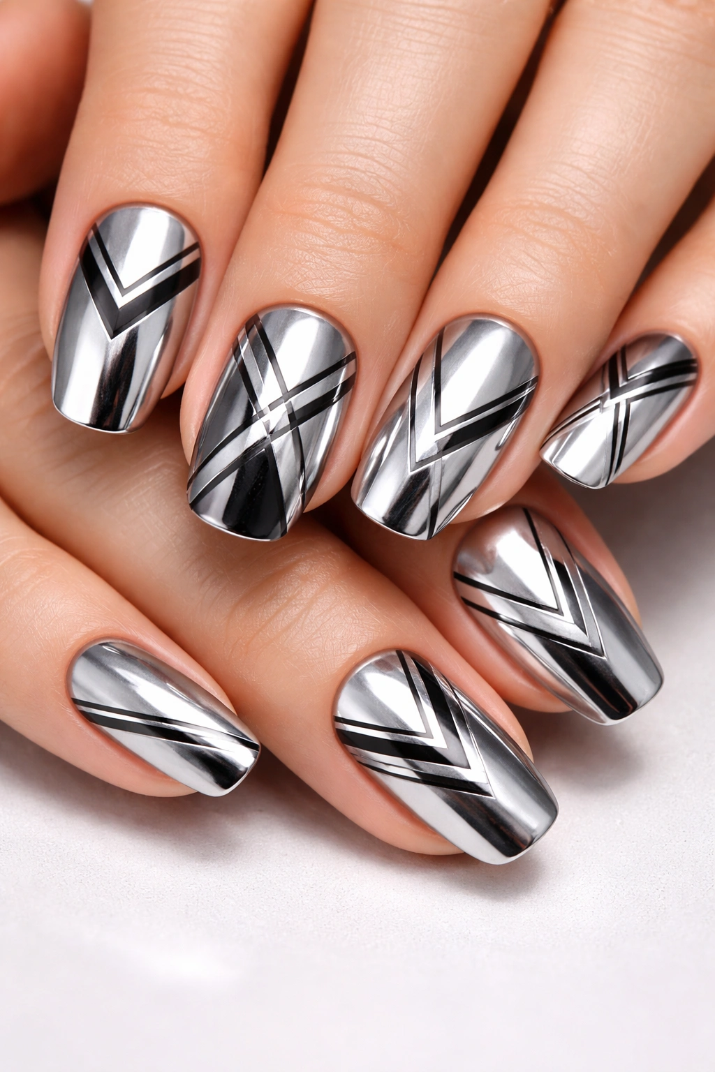 Nails with silver chrome and geometric line designs