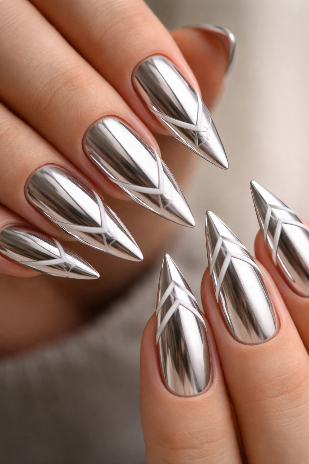 Chrome nails with geometric white tip design