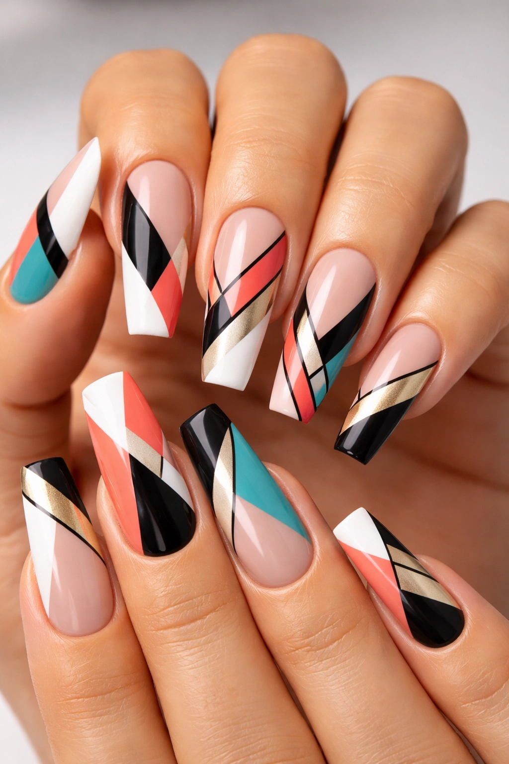 Close-up of coffin nails with geometric patterns featuring diagonal blocks and chevrons on a neutral background