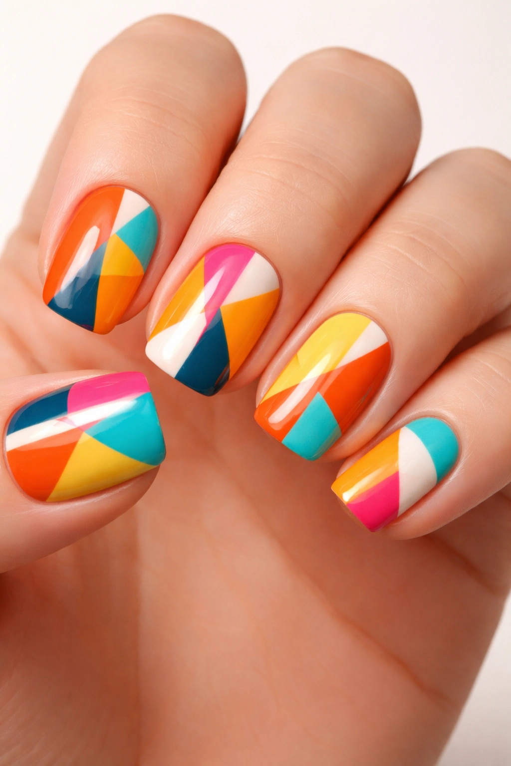 Nails with geometric color-blocked patterns on a neutral background