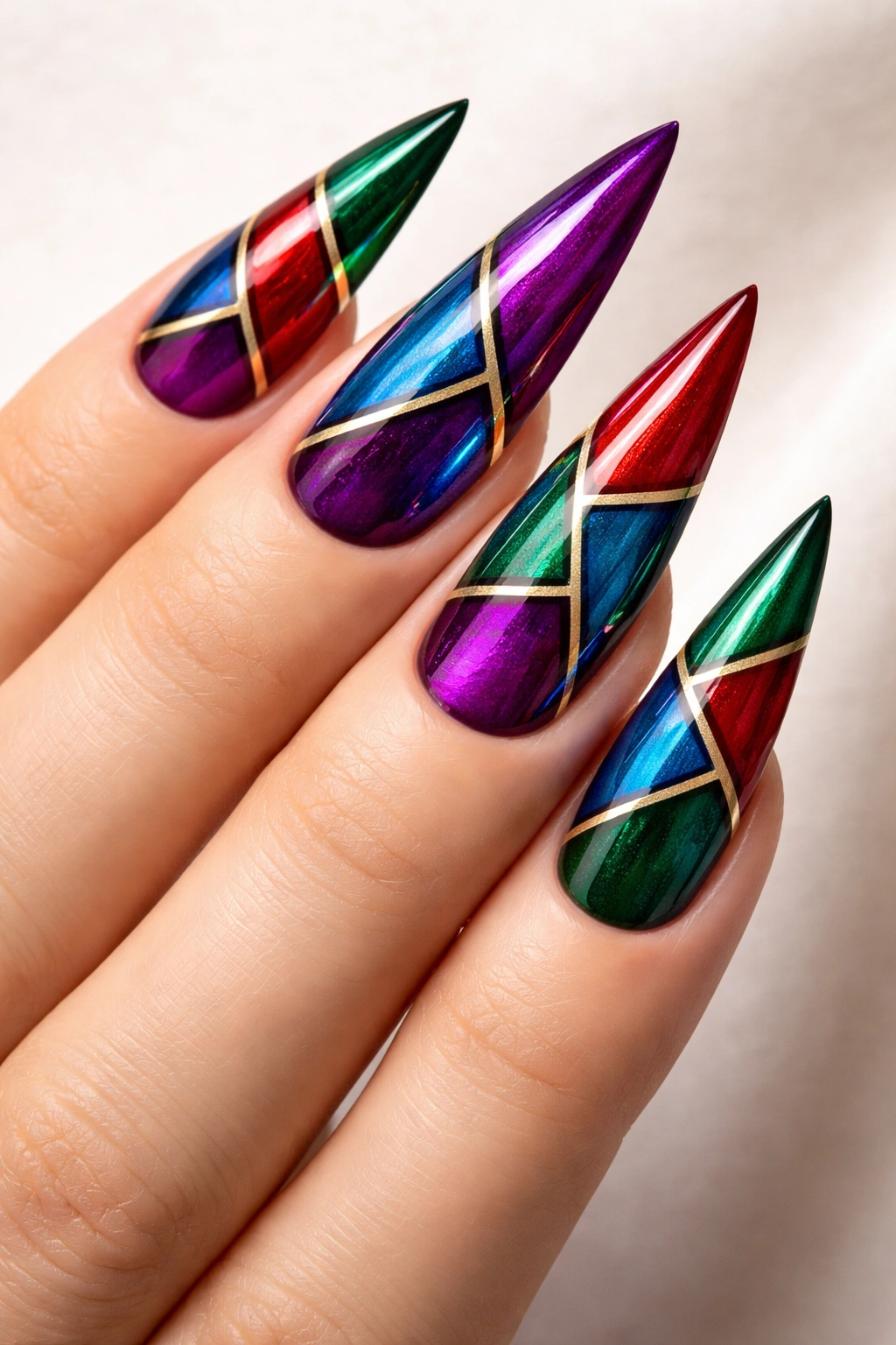 Stiletto nail with geometric color blocking in jewel tones