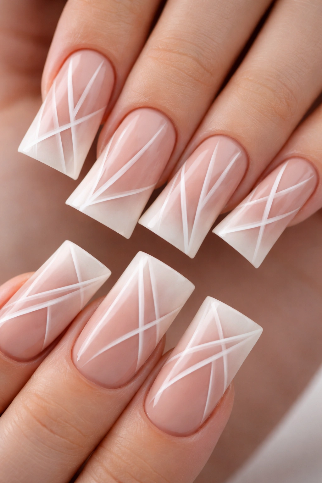 Close-up of duck nails with white geometric lines on a nude base