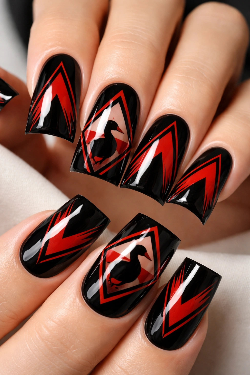 Geometric black and red duck nail art with diamond frame