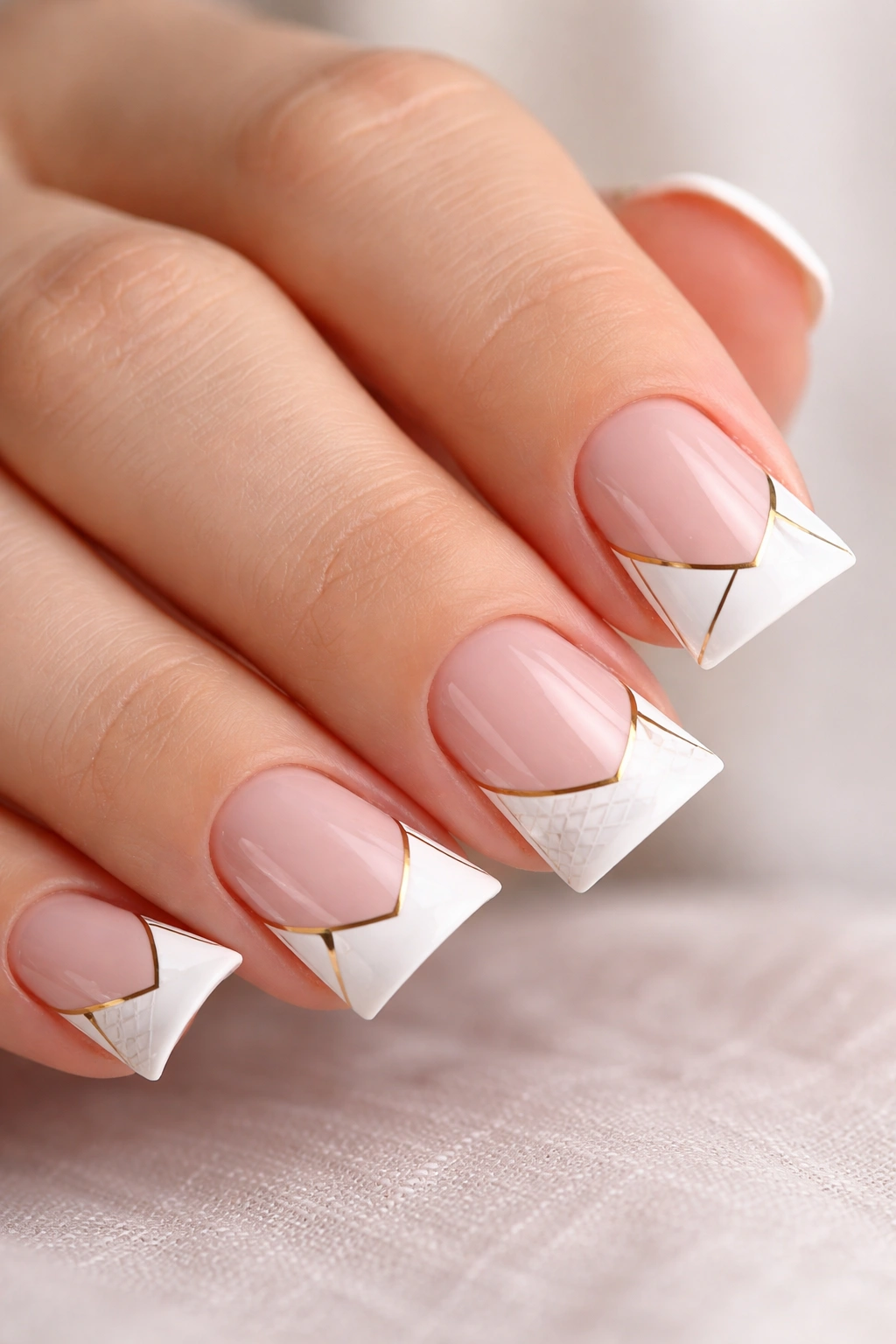 Close-up of short nails with geometric patterns on the duck tip