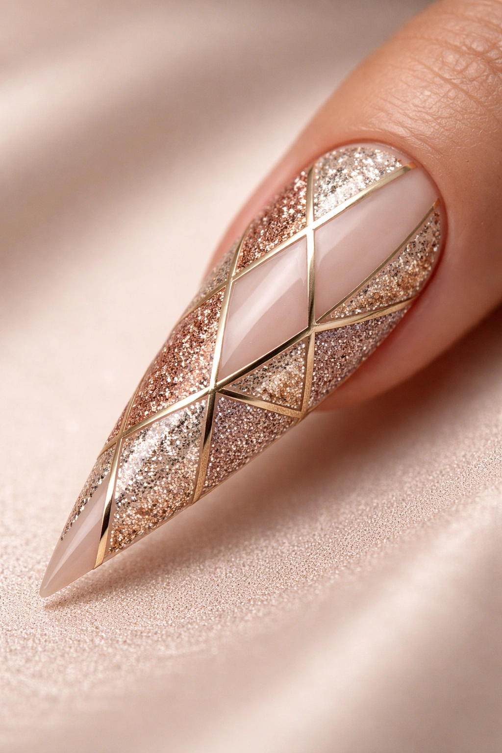 Close-up of a stiletto nail with geometric glitter pattern on a nude base