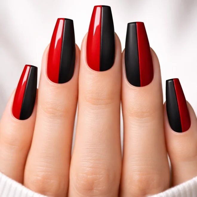 16 Red and Black Coffin Nails for Medium Nails