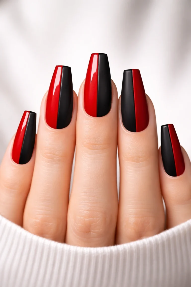 16 Red and Black Coffin Nails for Medium Nails