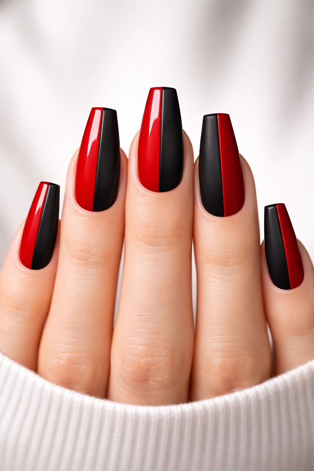 Nails with a vertical red glossy half and black matte half design on coffin nails