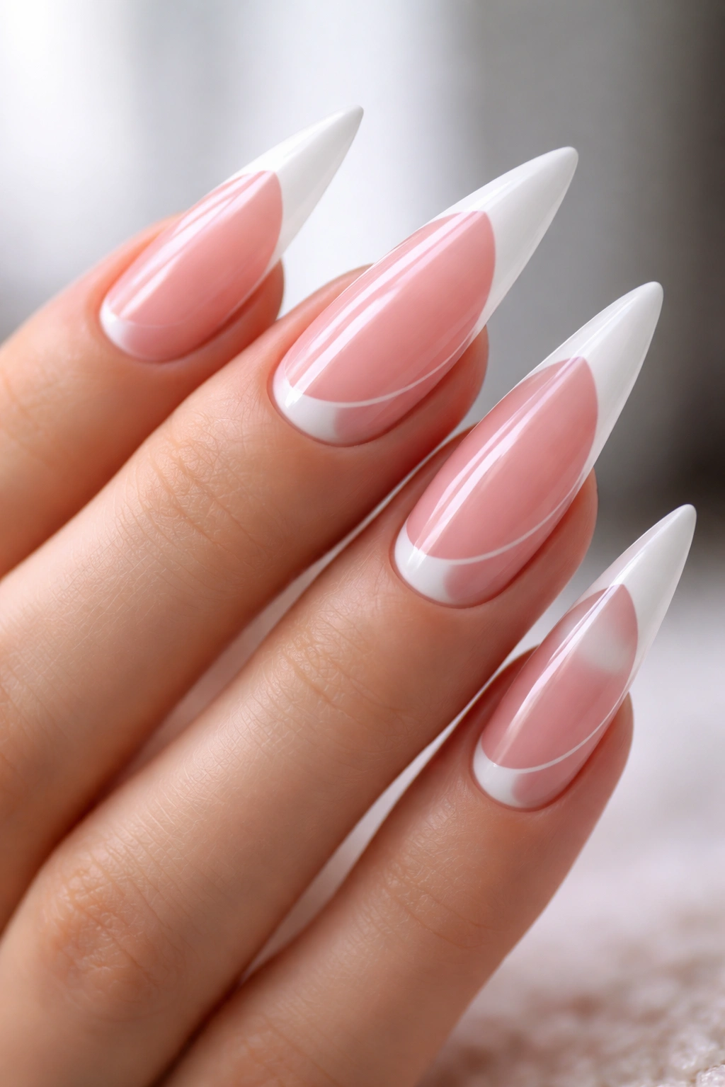 Pink and white geometric half-moon stiletto nails with negative space