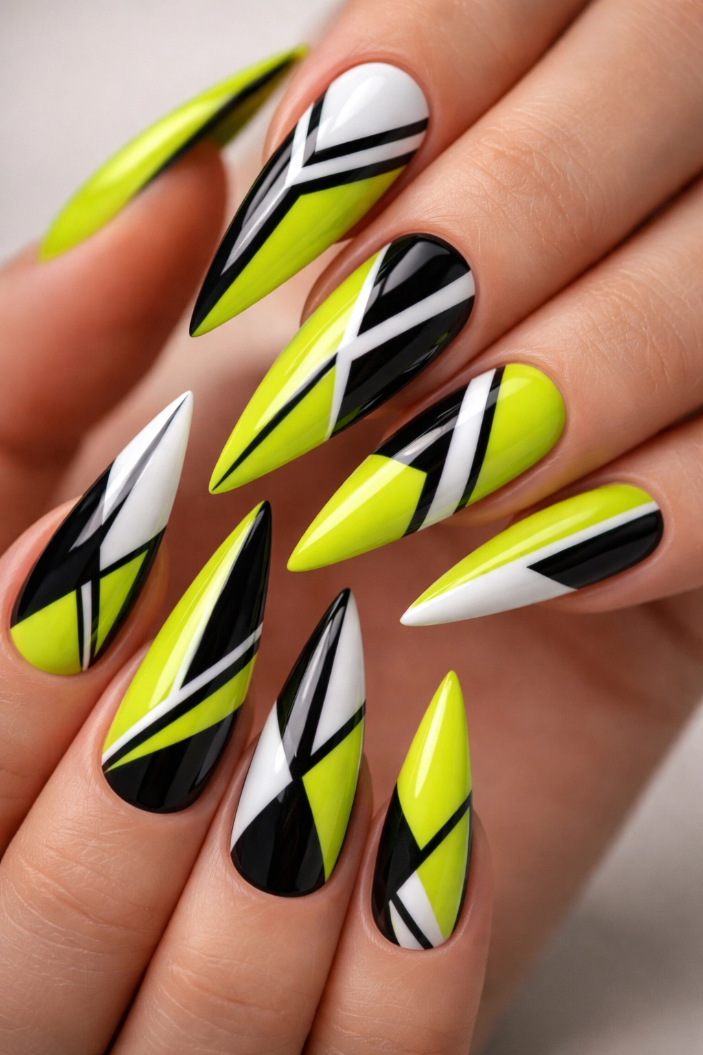 Geometric lime patterns on neon green stiletto nails
