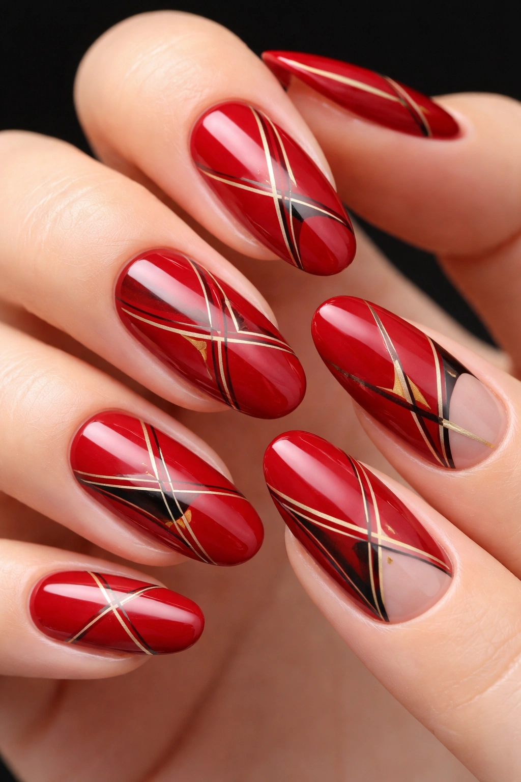 Close-up of long round nails with cherry red base and geometric line patterns.