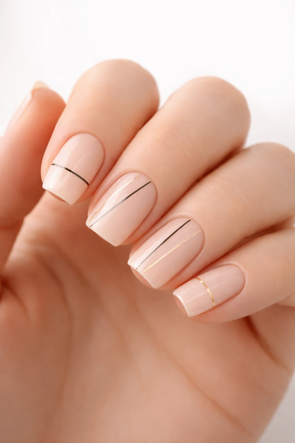 Close-up of nails with thin geometric line designs