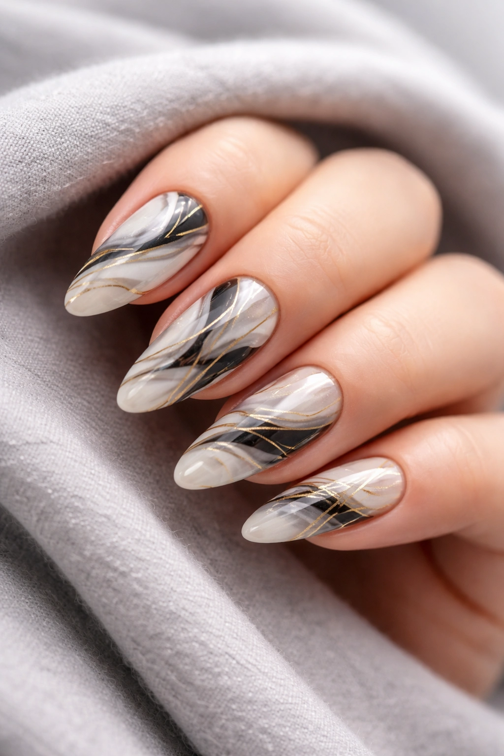 Close-up of nails featuring pale base with black white marble swirls and gold accents