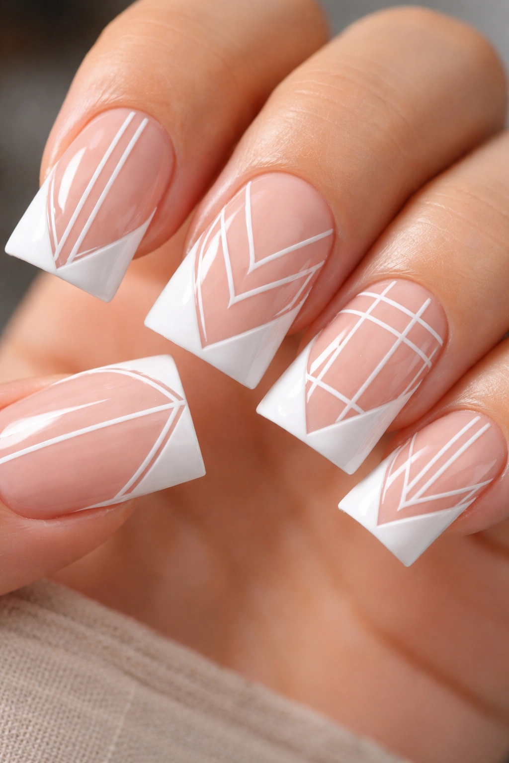 Duck nails with geometric lines on white tips; crisp lines and minimal patterns.