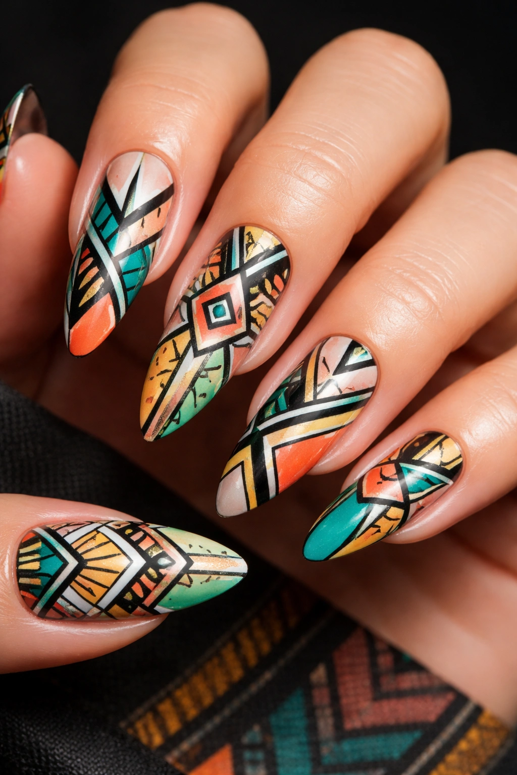 Close-up of nails with geometric Aztec patterns and negative space.