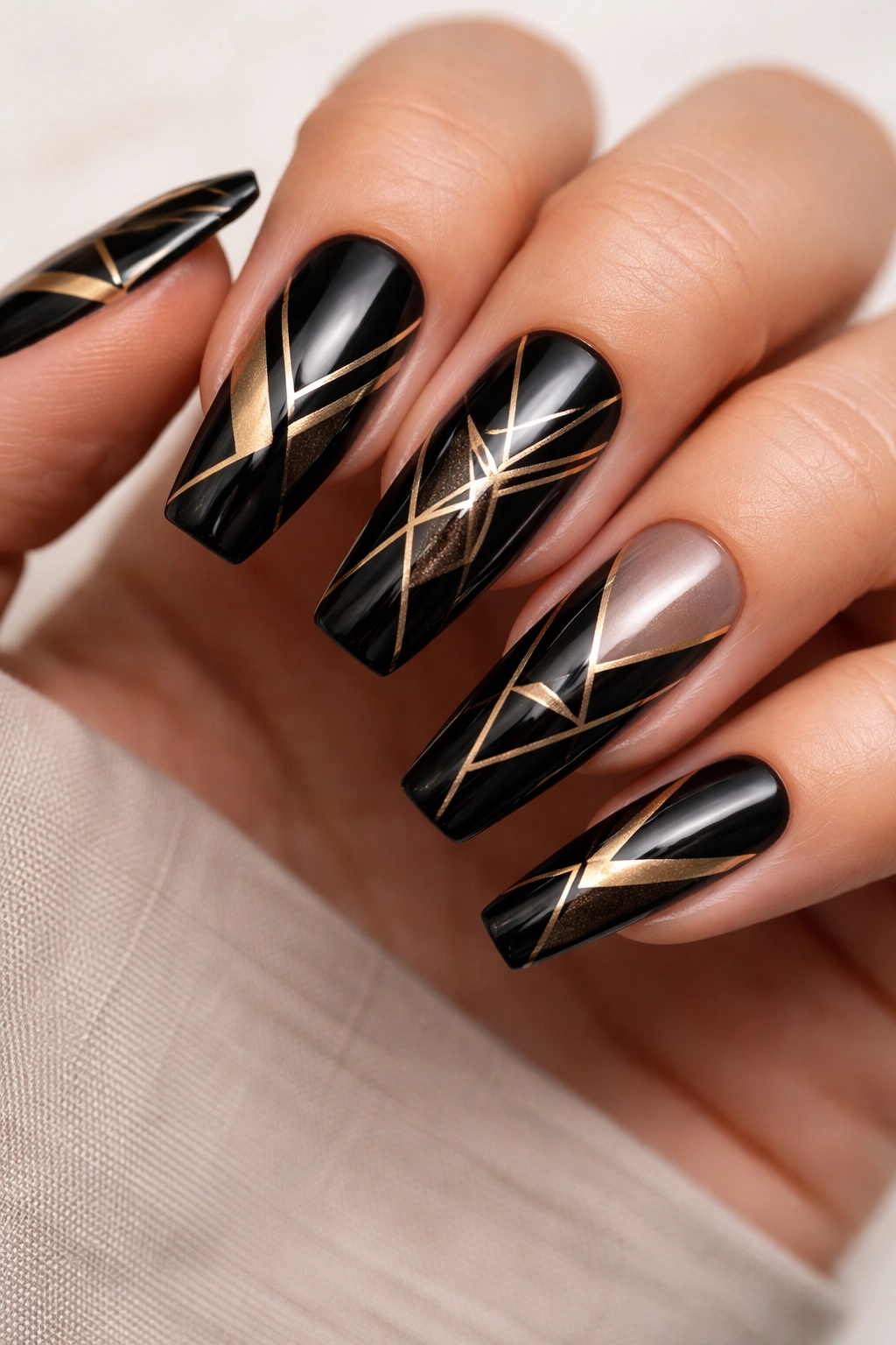 Close-up of coffin nails with black base and gold geometric shapes