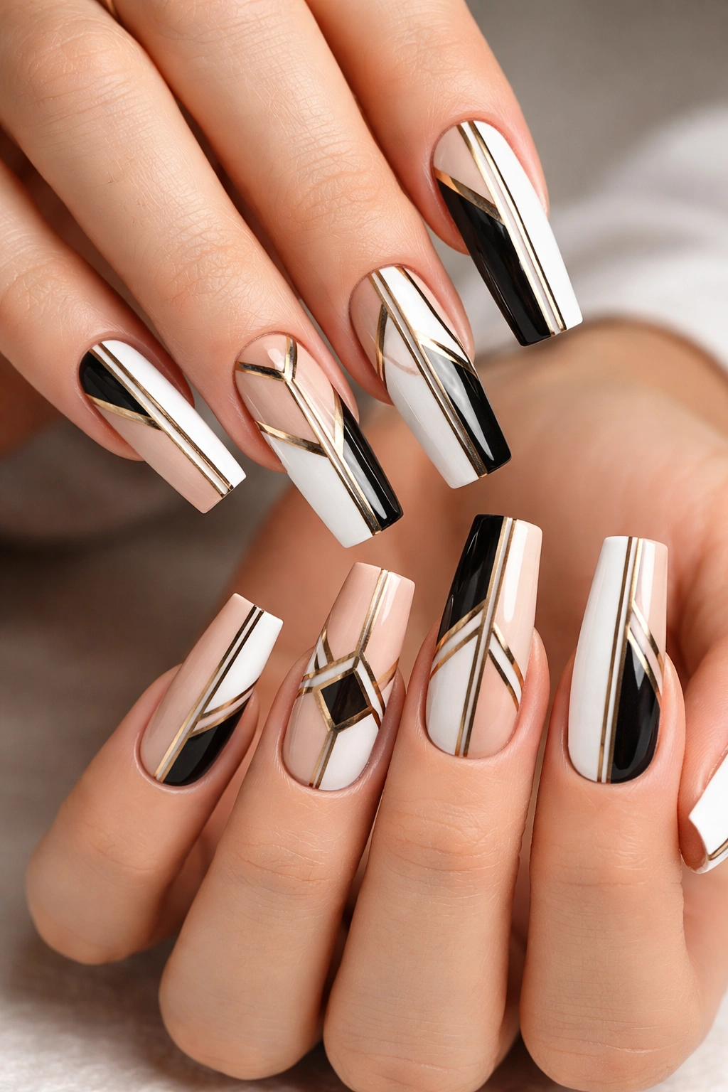 Close-up of long square nails with bold geometric line designs on a neutral background